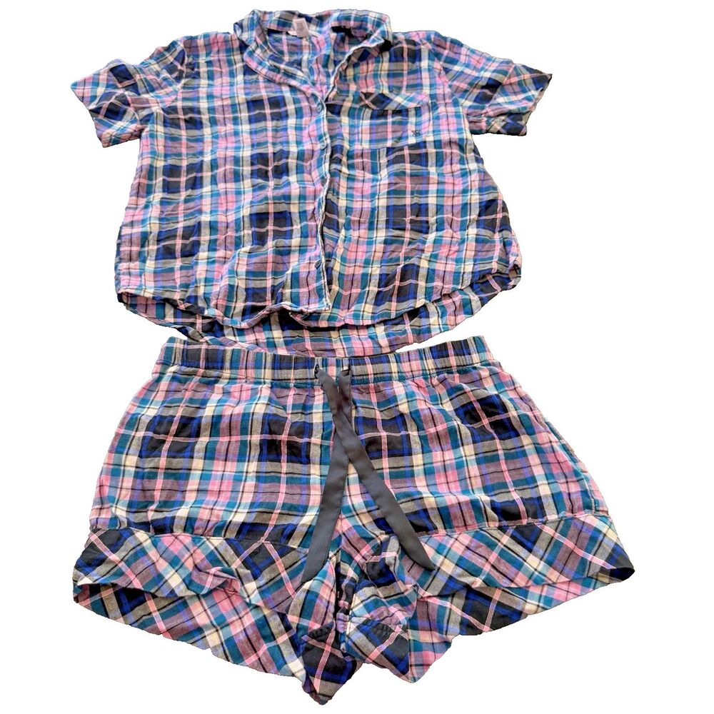 Victoria's Secret 2-Piece Flannel Pajama Shorts Set Sz S Pink/Purple/Blue Plaid